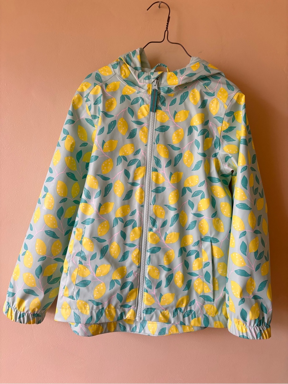 Cat & Jack Lemon Print Hooded Jacket - Yellow & Teal Raincoat Size 6-7